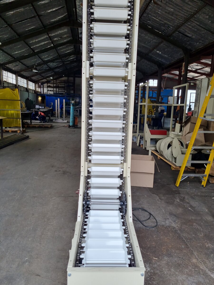 Swing tray elevator in a processing plant